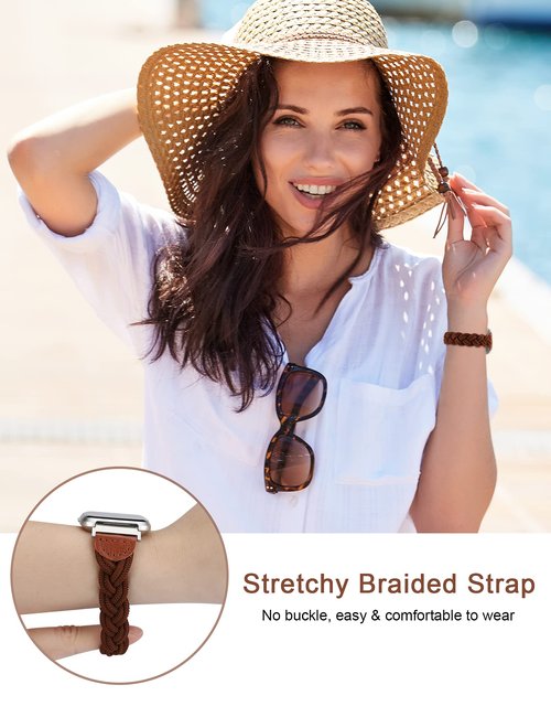 Wearlizer Compatible with Fitbit Versa Bands, Elastic Braided Wristband Strap for Women (Brown, S)