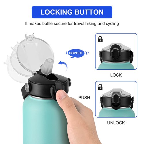 HYDROWION 2 Pack Auto Flip Straw Lid with Button Lock for Wide Mouth Water Bottle 12, 18, 24, 32, 40, 64oz, Great Lid for Hydro Flask, Takeya, Iron Flask,Black&Blue
