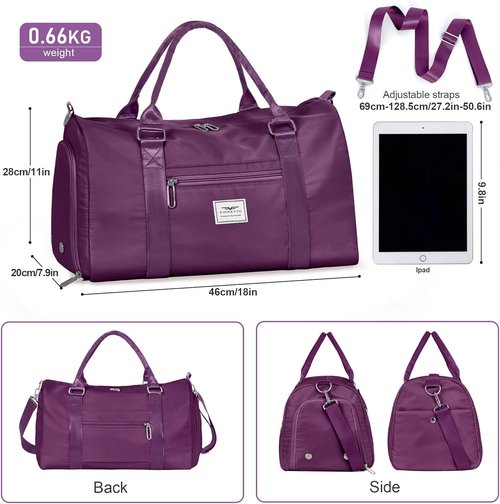 FIORETTO Women's Gym Tote Duffle Bag - Wet Pocket & Shoe Compartment | Dark Purple Sports Weekender