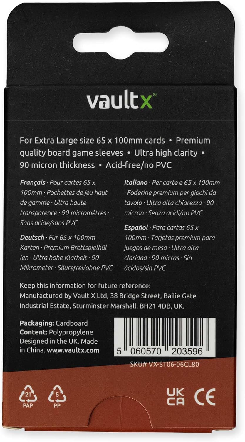 Vault X Extra Large Board Game Sleeves - Premium Quality Clear Protection | 67 x 102mm (80 Pack) Compatible with 7 Wonders
