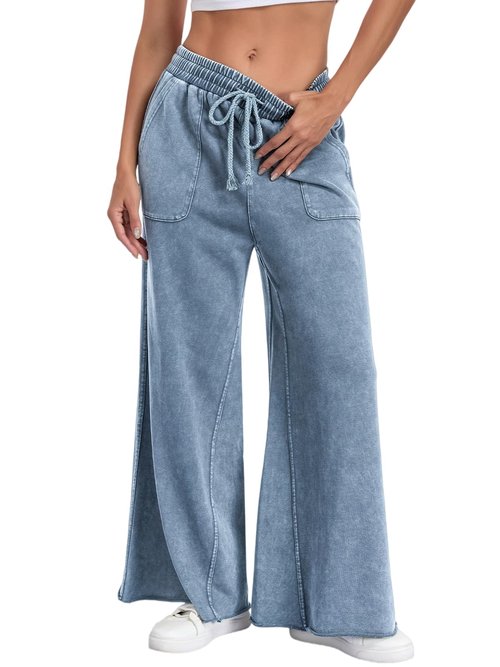 TITOMD Womens Wide Leg Sweatpants Jeans Acid Wash Denim Sweatpant Drawstring 2026 High Waist Baggy Casual Palazzo Pants Navy XL