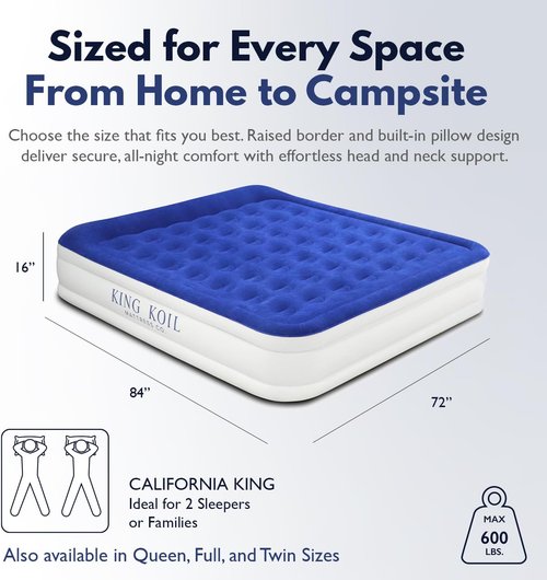 King Koil Luxury Cal King Air Mattress - Built-In Pump for Home & Camping | Double High, Waterproof Design