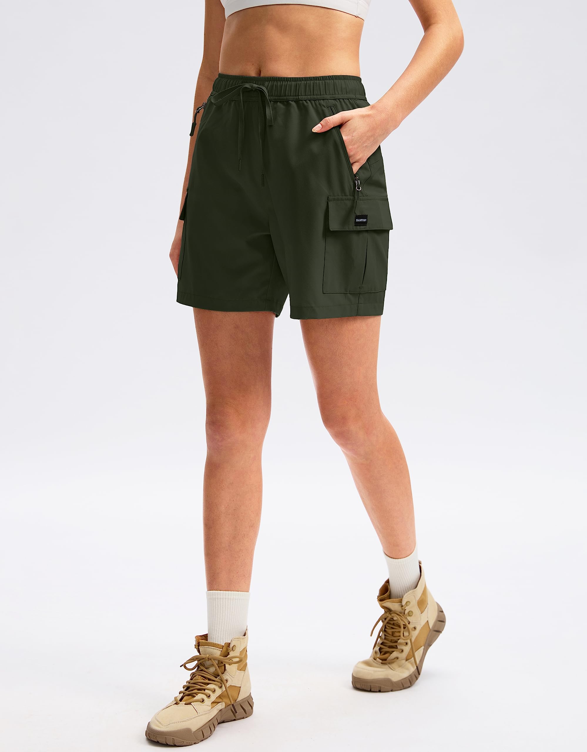 SANTINY Women's 5''/ 7''/9'' Hiking Cargo Shorts Quick Dry Lightweight Summer Shorts for Women Athletic Golf Zipper Pockets(Army Green_XL)