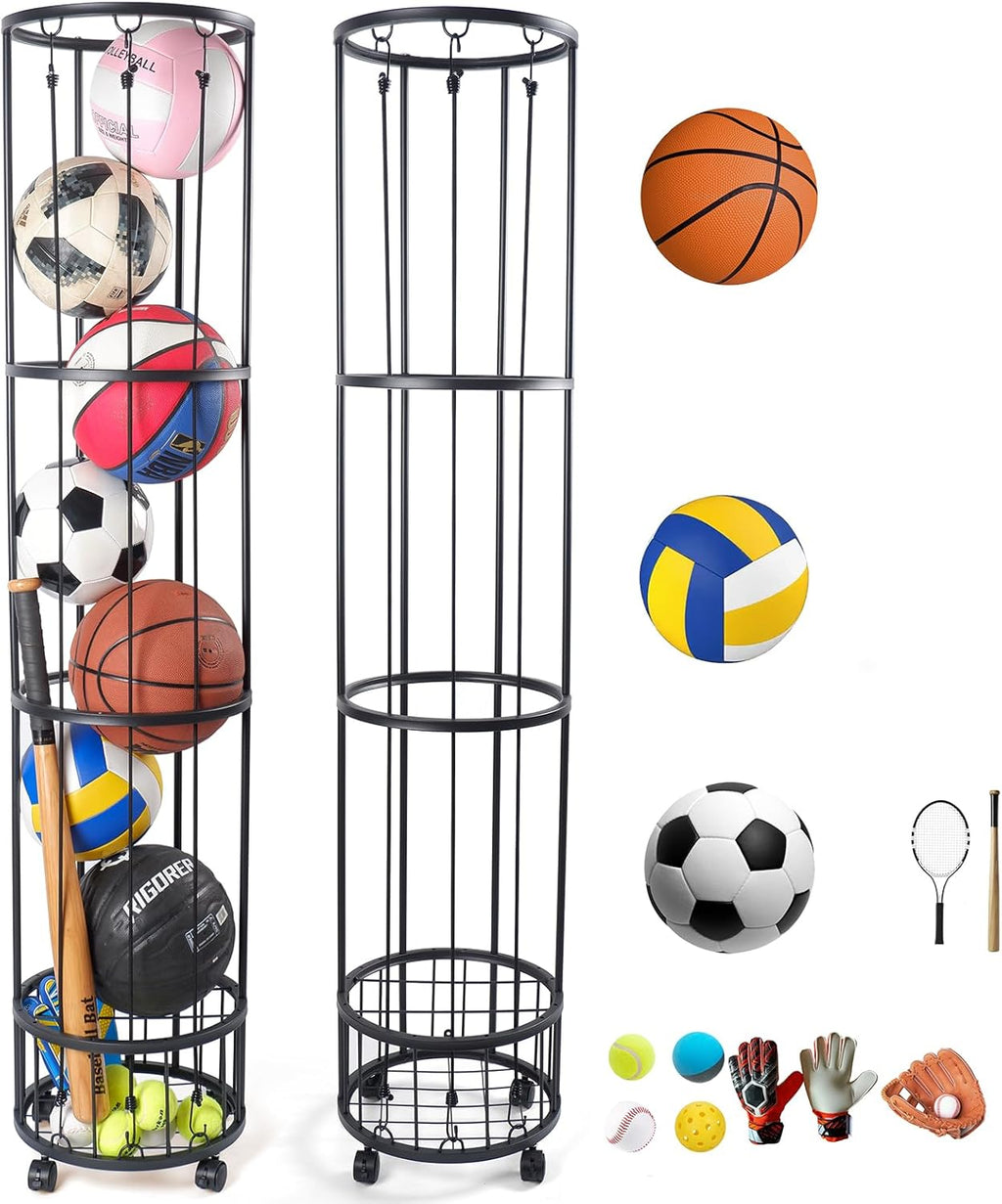 Upgrated Ball Storage Rack - Wall-Mounted Sports Equipment Organizer with Adjustable Cords | Indoor/Outdoor Use