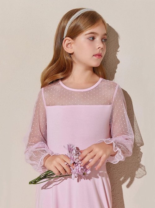 Haloumoning Girls A-Line Short Dress - Contrast Mesh Long Sleeve with Pockets | Sizes 4-14 Years