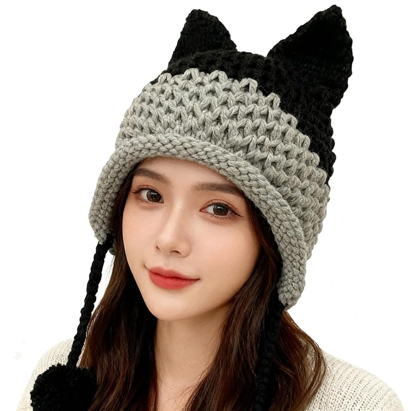 Fox Ears Beanie Hat for Adults - Handmade Knit Winter Cap with Pompom, Black+7-8
