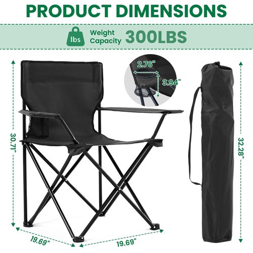 4 Pack Folding Camping Chairs for Adults,Foldable Portable Lawn Chairs with Carry Bag & Cup Holder, Compact Design for Camp,Beach, Picnics,and Fishing Supports 300LBS（Black）