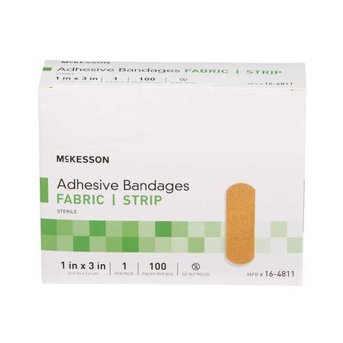 McKesson Adhesive Bandages, Sterile, Fabric Strip, 1 in x 3 in, 100 Count, 4 Packs, 400 Total