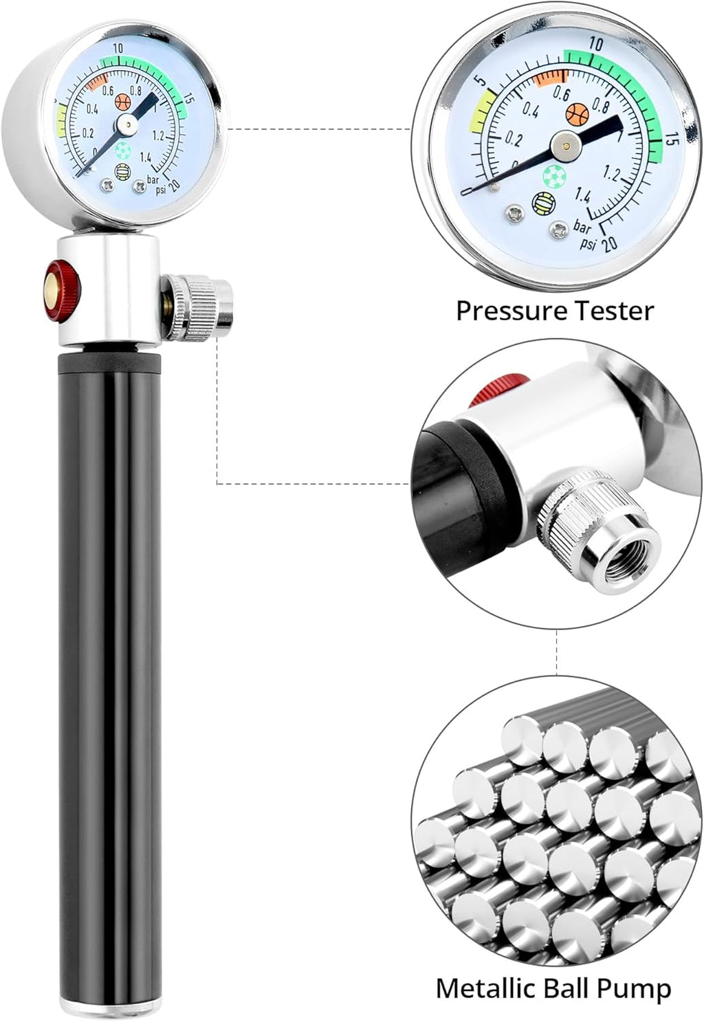 QWORK Sports Ball Air Pump - Powerful Hand Pump with Pressure Gauge for Basketball, Soccer & More | Black