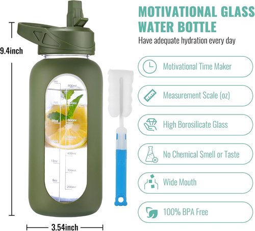 CIVAGO 32 Oz Glass Water Bottle - Motivational Time Marker & Leakproof Design | Army Green