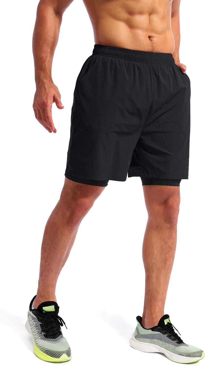 Pudolla Men's 2-in-1 Running Shorts - Quick Dry Athletic Gym Shorts with Phone Pockets | 5" Length