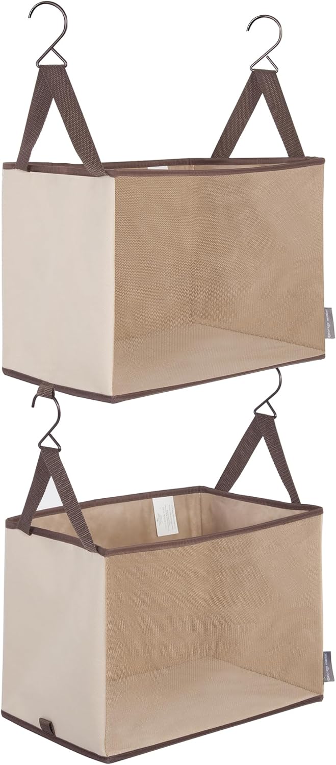 Storage Maniac 2-Shelf Hanging Closet Organizer - Beige Canvas Shelf with Hooks for Dorm & Bedroom