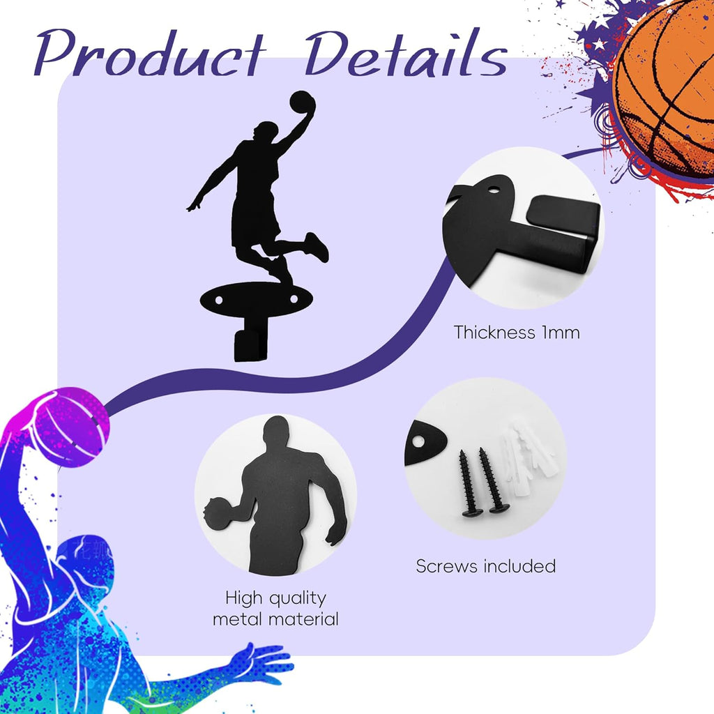 Xedatric Basketball Players Coat Hooks - 4 Piece Slam Dunk Silhouette Wall Mounted Metal Hangers for Teen Boys' Room Decor