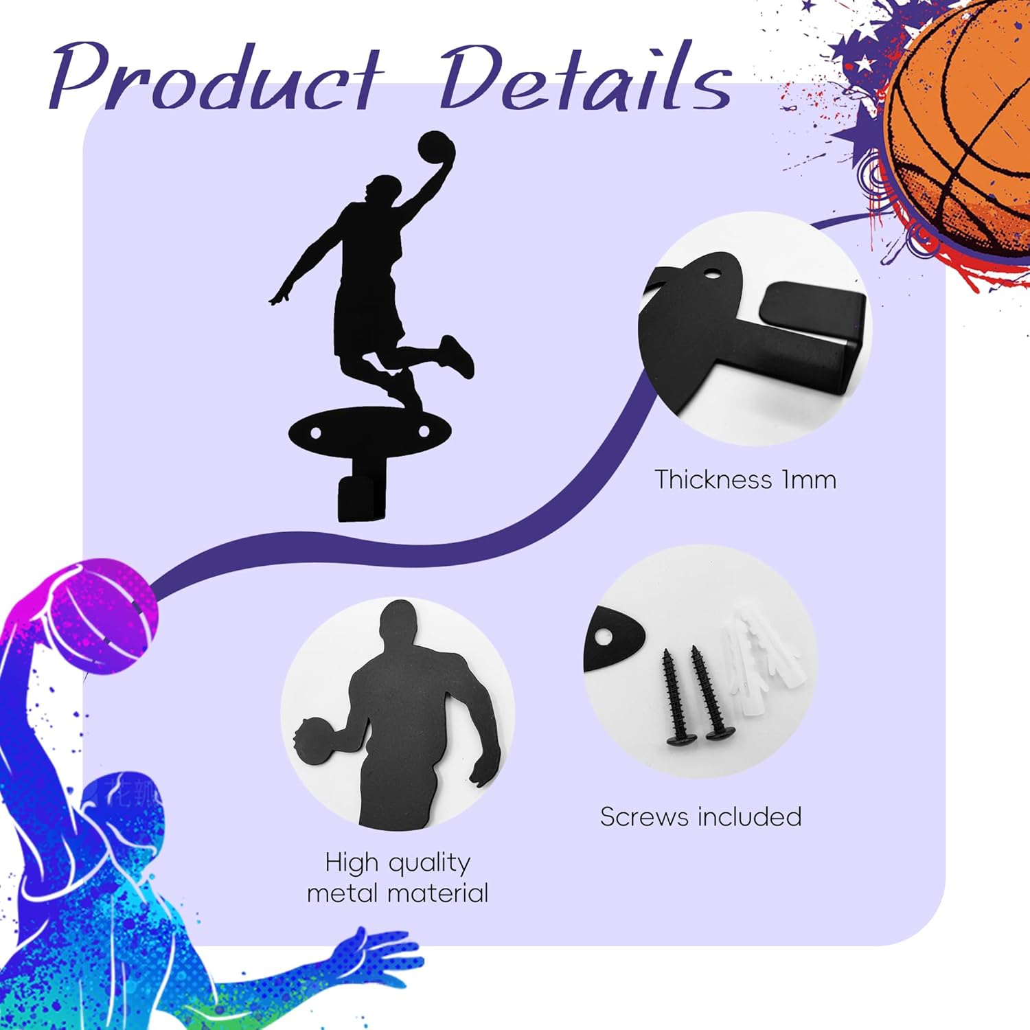 Xedatric Basketball Players Coat Hooks - 4 Piece Slam Dunk Silhouette Wall Mounted Metal Hangers for Teen Boys' Room Decor