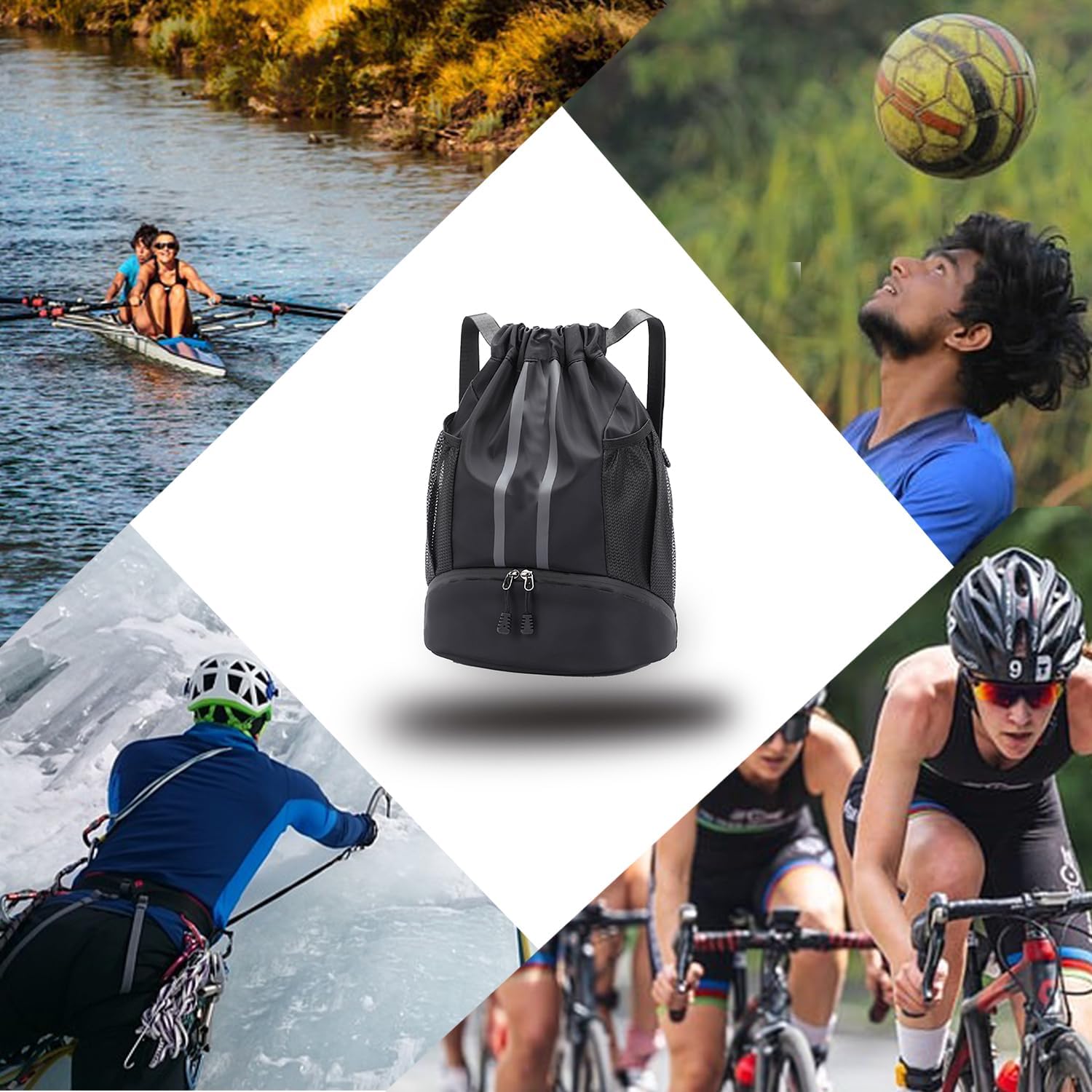 Skiennix Drawstring Backpack - Water Resistant Sports Gym Bag with Shoe Compartment | Ideal for Soccer & Basketball