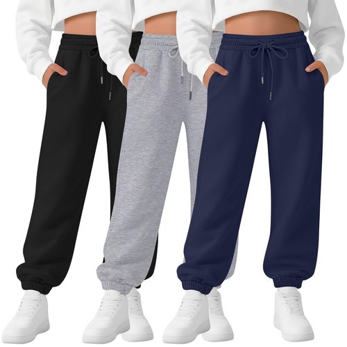 LessonZoo 3 Pack Girls Sweatpants Drawstring Wide Leg Baggy Sweat Pants High Waist Active Joggers for Kids with Pockets 5-14Y(Black, Light Heather Gray, Navy Blue,13-14 Years)