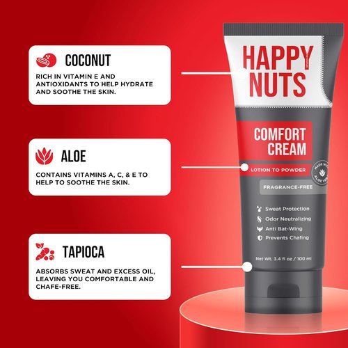 HAPPY NUTS Comfort Cream Deodorant - Aluminum-Free Anti-Chafing & Odor Control for Men | 3.4 Fl Oz, Fragrance-Free