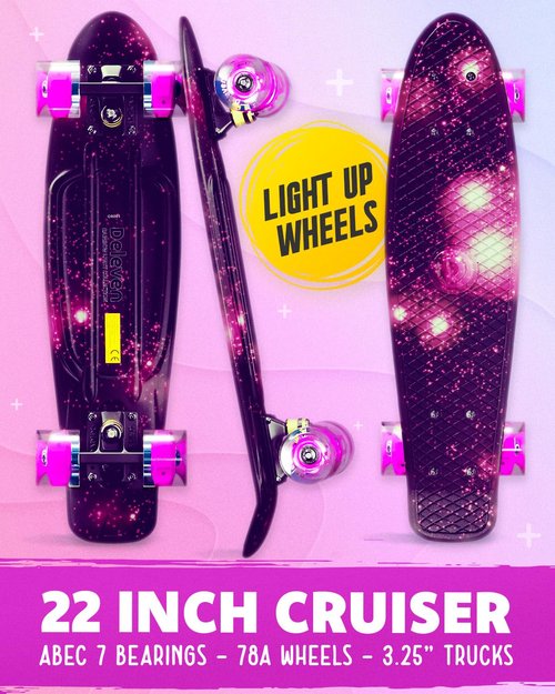 Deleven 22" Skateboard with Bright LED Wheels, Carry Bag, Skate Tool, ABEC 7 Bearings - for Kids Beginners Adults