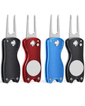 GreenHaven 4 Pack Foldable Golf Divot Repair Tool with Magnetic Ball Marker and Pop-up Button Green Tool Accessories with Metal Fork Tine and Metal Handle for Golfers，Blue&Black&red