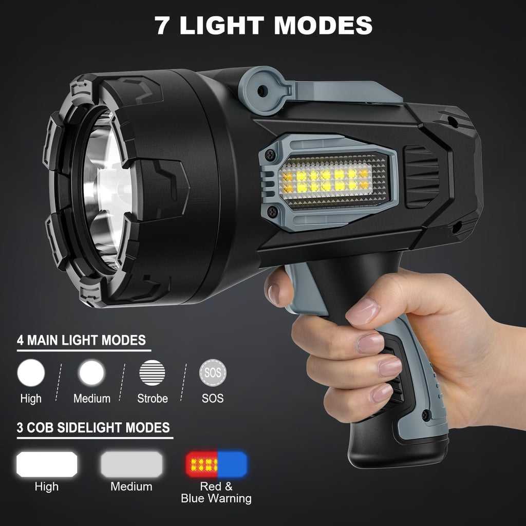 Vinderfine Rechargeable Spotlight, 99000 Lumens Super Bright Led Spotlights Flashlight with Cob Light, 10000ɱAh Spot Lights, Handheld Spotlight for Hunting Boating Outdoor, Long Runtime