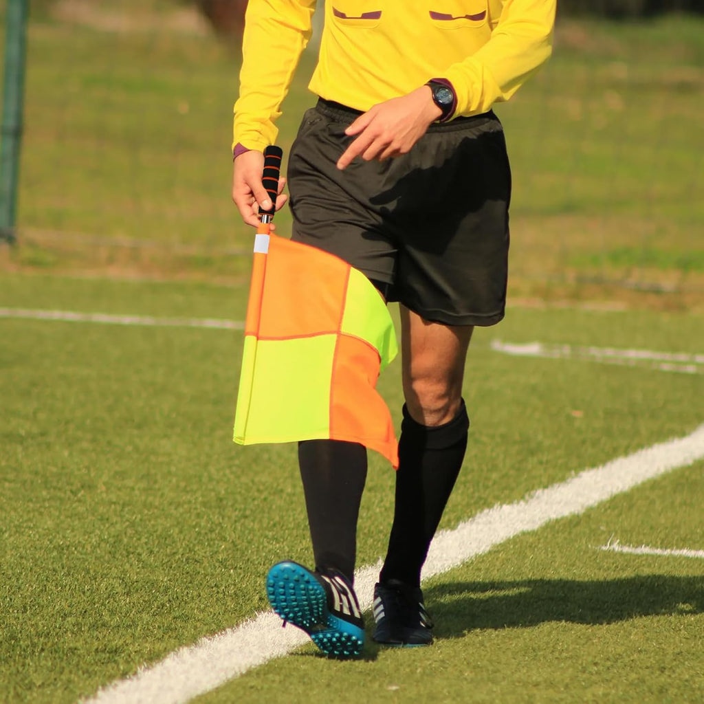 Redgino Soccer Referee Kit - 2 Pcs Checkered Linesman Flags, Red & Yellow Cards, Whistles & Storage Bag