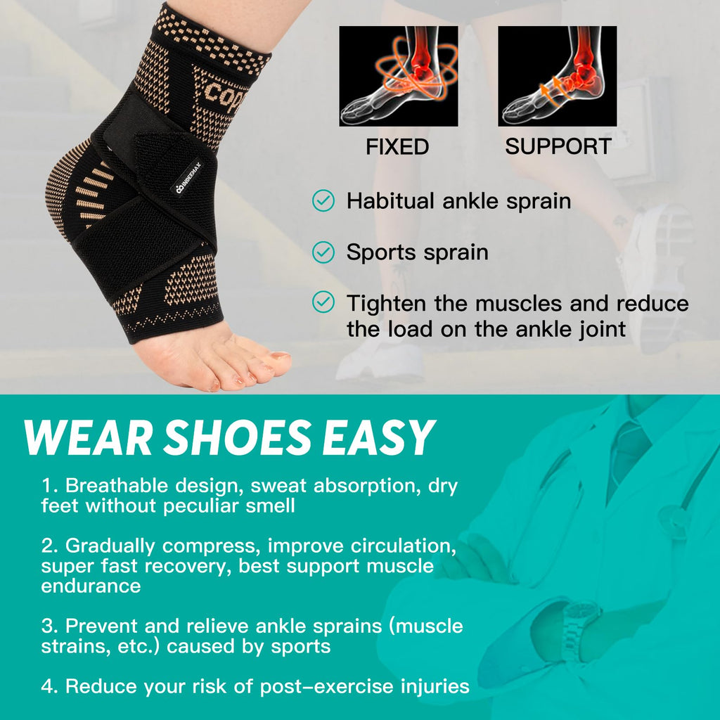 INDEEMAX Ankle Brace for Sprained Ankle Compression Sleeve, 2 Pack Copper Infused Ankle Support Brace for Women & Men, Plantar Fasciitis Relief Achilles Tendonitis, Sports Running, Copper Black, L