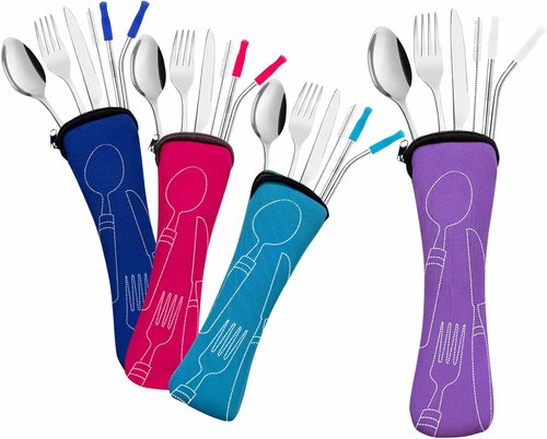 Ecoberi Travel Utensils Set - Reusable Stainless Steel Cutlery with Case | 4 Pack for Camping & Work