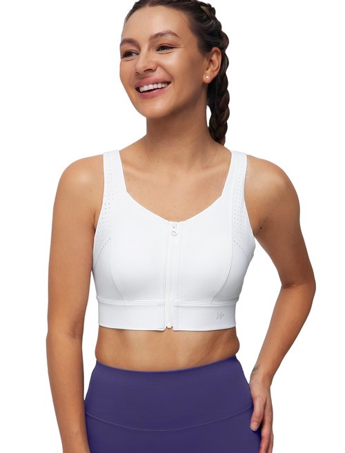 Yvette Adjustable Sports Bras for Women High Impact Front Zip Mesh Supportive Bras for Large Bust Plus Size, White, M+