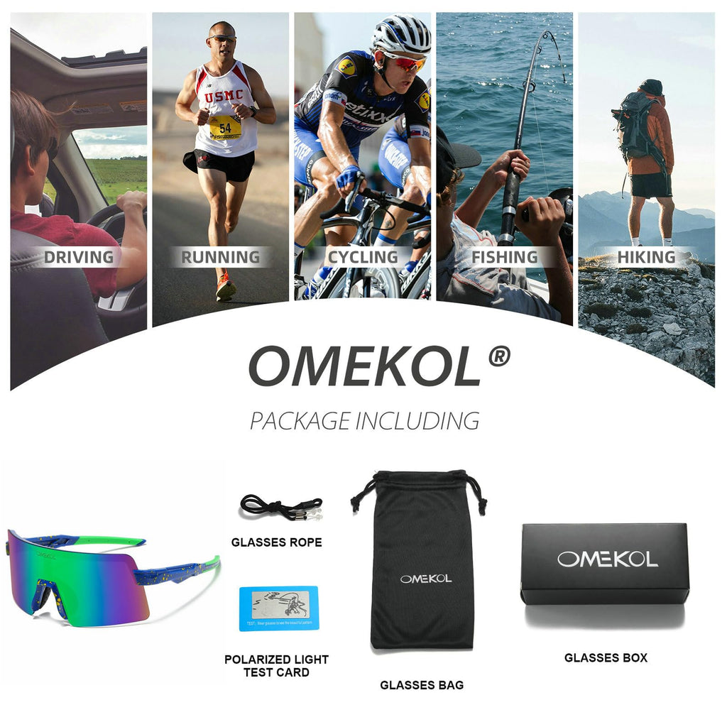 OMEKOL Polarized Sports Sunglasses Cycling Glasses UV400 Mountain Bike Goggles MTB Riding Bicycle Eyewear Men Women Baseball Running Fishing Golf Outdoor - Blue Frame with Yellow Dots/Blue Lens