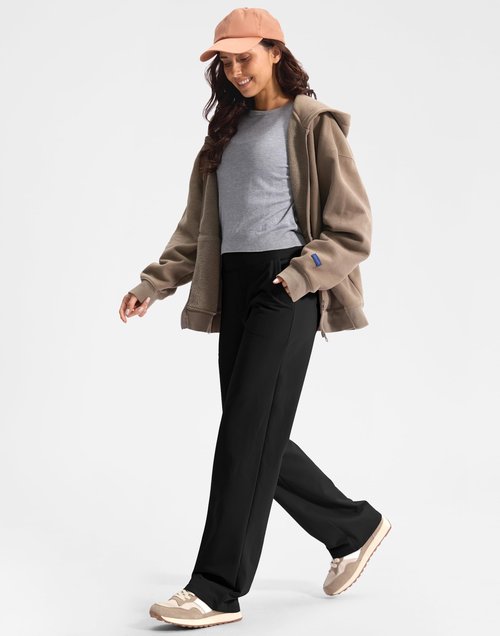 Soothfeel Fleece Lined Pants Women 29"/31"/33" High Waisted Wide Leg Sweatpants with Pocket Winter Warm Work Yoga Dress Pants Black Petite