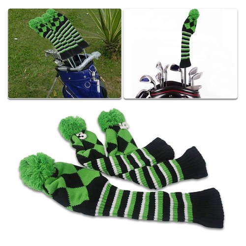 HIFROM 3pcs/Set Golf Club Argyle Knit Head Covers Headcovers Vintange Pom Pom Sock Covers 1-3-5 Replacement for Driver & Woods Green & Black