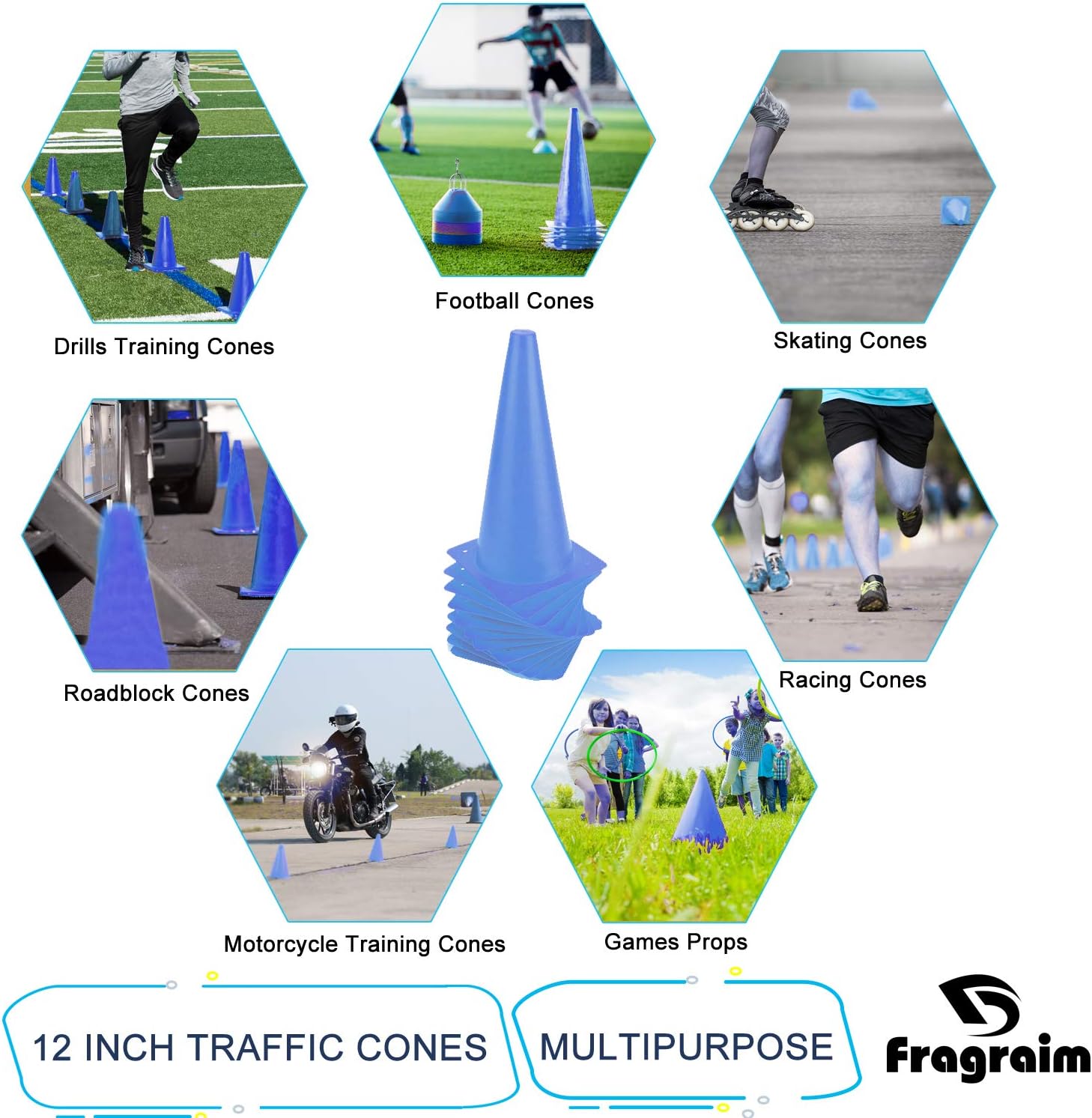 Traffic Training Cones - 12 Inch Plastic Safety Markers for Soccer, Basketball & Football Drills | 6 Vibrant Colors
