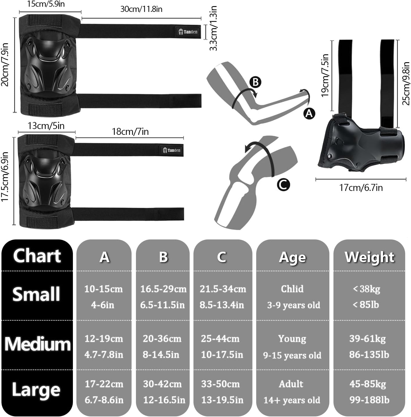 Tanden Protective Gear Set - Knee & Elbow Pads with Wrist Guards for Roller Skating | Adult Size
