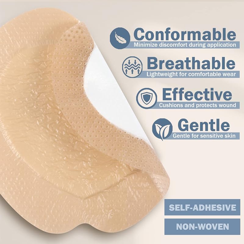 Everlit Sacrum Foam Dressing 7" x 7" | Highly Absorbent Waterproof Adhesive Bandage, 10 Pack