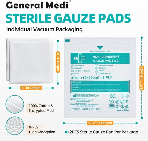General Medi Sterile Gauze Pads - Individually Wrapped 4" x 4" Wound Care for Cuts & Burns | 50 Packs (100 Total)