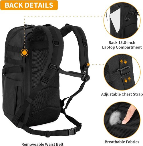 HUNTVP Tactical Backpack - 35L Military MOLLE Daypack for Work, Camping & Hiking | Black