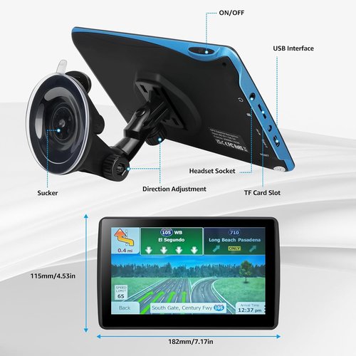GPS Navigator by [Brand Name] - 7'' Touchscreen System with Free Lifetime Updates & Voice Guidance | North America Maps (Blue)