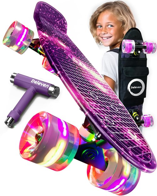 Deleven 22" Skateboard with Bright LED Wheels, Carry Bag, Skate Tool, ABEC 7 Bearings - for Kids Beginners Adults