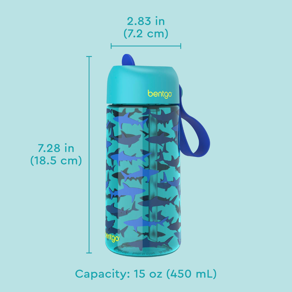 Bentgo Kids Water Bottle - Leak-Proof, Durable Tritan PFAS- & BPA-Free 15 fl oz, Kids/Toddlers Ages 3+ for School & Sports; Bite & Sip Spout, Carrying Handle, Dishwasher Safe (Sharks)