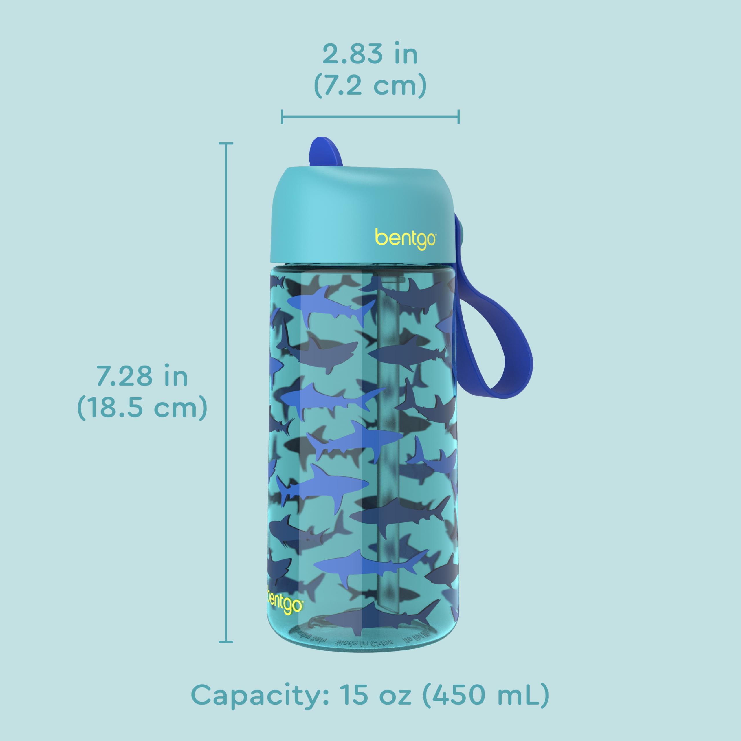 Bentgo Kids Water Bottle - Leak-Proof, Durable Tritan PFAS- & BPA-Free 15 fl oz, Kids/Toddlers Ages 3+ for School & Sports; Bite & Sip Spout, Carrying Handle, Dishwasher Safe (Sharks)