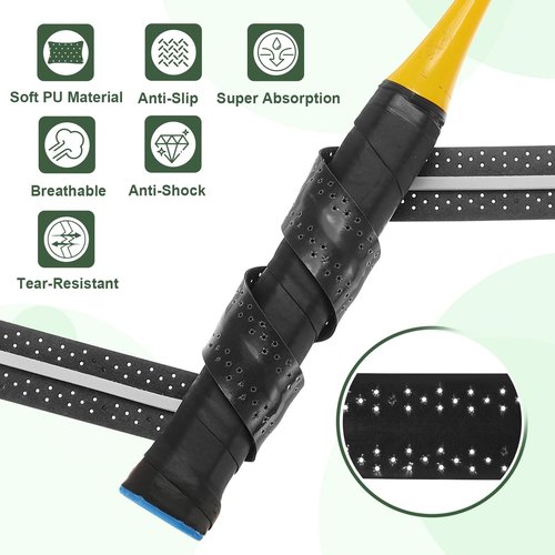PATIKIL Tennis Racket Grip Tape, 3 Pack PU Racquet Overgrip with Damping Ridges Anti-Slip Absorbent Perforated Handle Grip for Badminton Pickleball Fishing Rod, Black