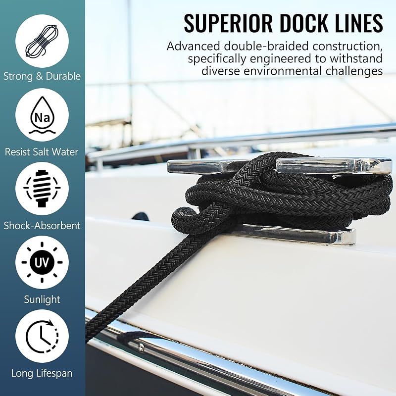 2 Pack 5/8" x 30' Dock Lines - Improved Nylon Boat Ropes, Black - 9500 lbs