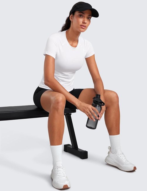 CRZ YOGA Seamless Workout Tops for Women - Breathable Short Sleeve Gym & Yoga Shirts, Waist Length