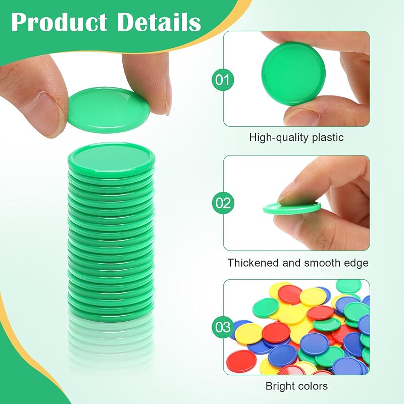 1.5" Plastic Learning Counters with Storage Box, 200 PCs 4 Colors (Green Red Blue Yellow) Educational Counting Chips