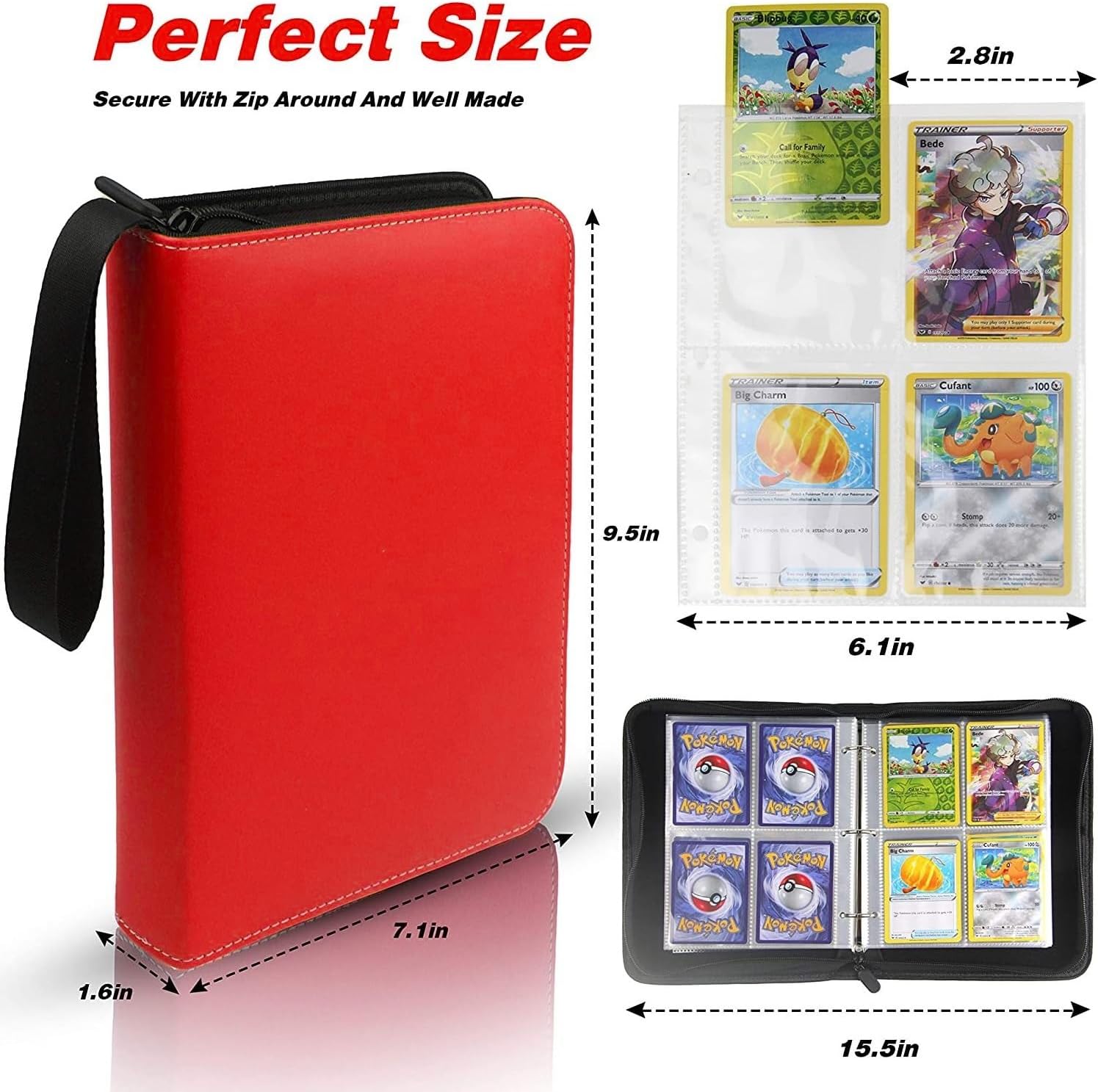 Skiennix Trading Card Binder - 400 Pockets for Pokémon Cards | Zipper Closure & 50 Sleeves, Red