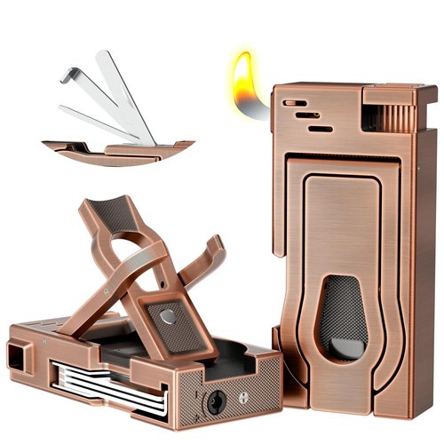 FANKAI Pipe Lighter with Pipe Stand, 3 in 1 Cleaner Tools, Refillable Butane Lighter with Angled Soft Flame, Pipe Lighters for Smoking, Pipe Gift for Father's Day,Christmas Day (Bronze)