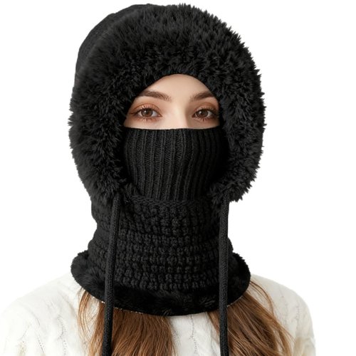 3 in 1 Beanie Hat with Scarf and Mask, Women Fleece Lined Beanie Hat Scarf Mask Set, Autumn and Winter Knitted Hat for Women (Black)