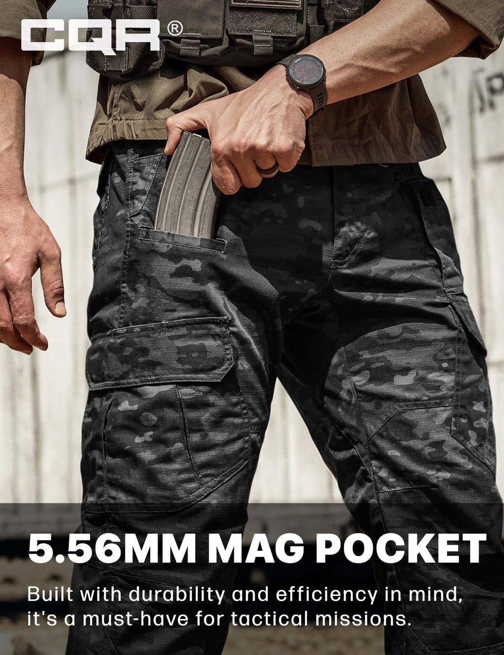 CQR Men's Tactical Pants, Water Resistant Ripstop Cargo Pants, Lightweight EDC Work Hiking Pants, Outdoor Apparel, Duratex Mag Pocket Print Utility Camo Black, 38W x 30L