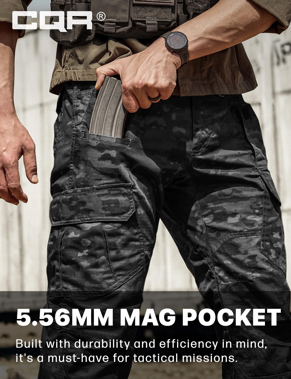 CQR Men's Tactical Pants, Water Resistant Ripstop Cargo Pants, Lightweight EDC Work Hiking Pants, Outdoor Apparel, Duratex Mag Pocket Print Utility Camo Black, 38W x 30L