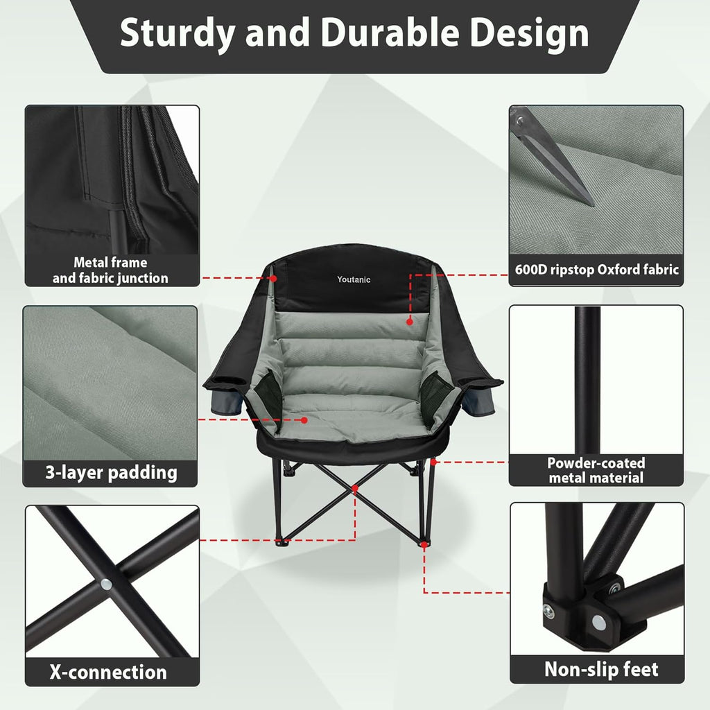 Youtanic Oversized Camping Chair - Portable Folding Design with Cup Holder & Side Pocket | Supports Up to 400lbs